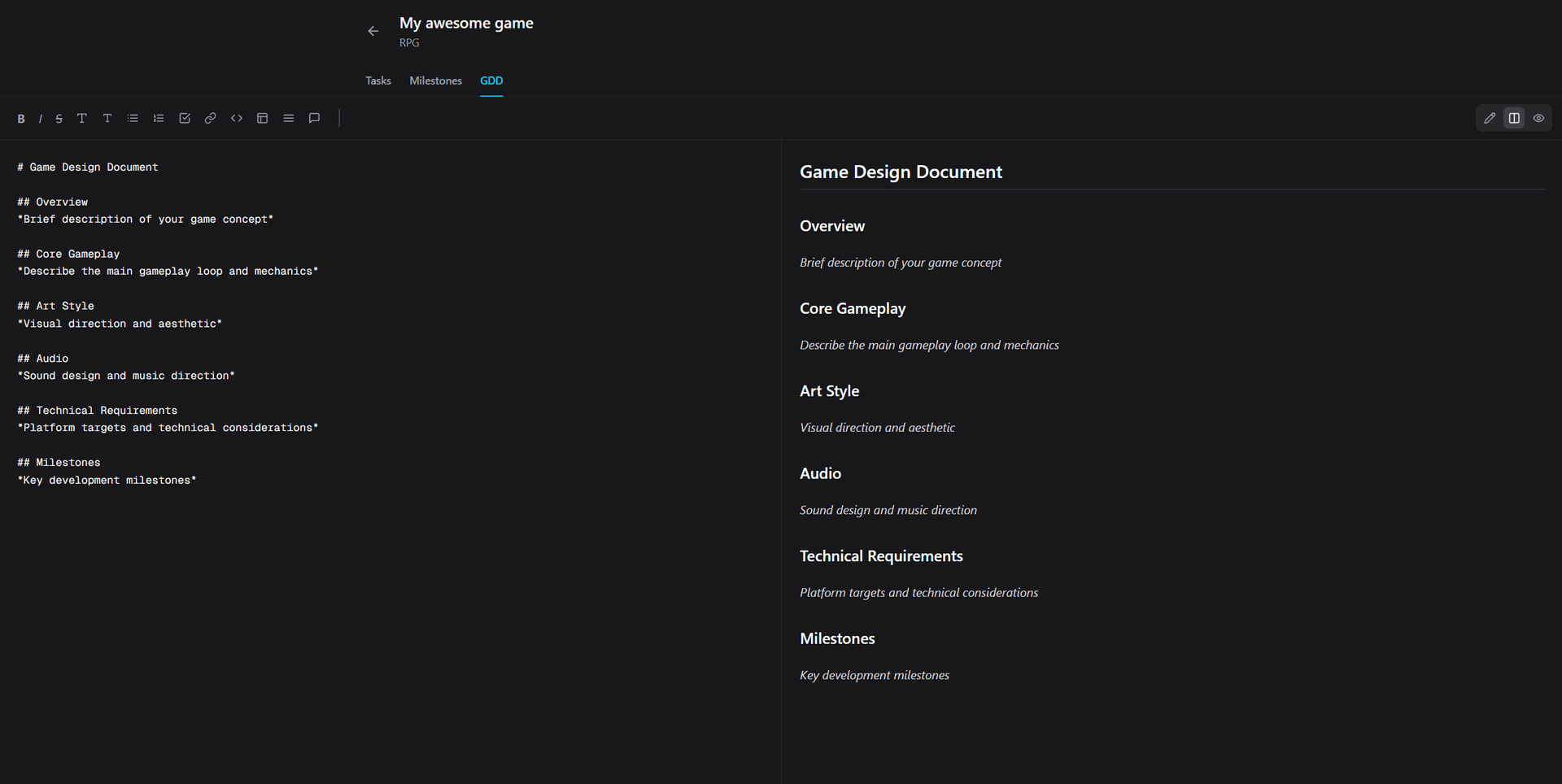 SoloMode game design document editor with markdown and live preview
