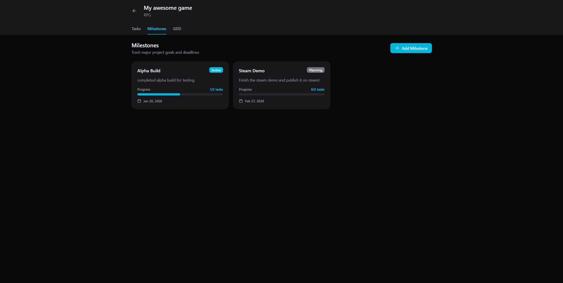 SoloMode milestone tracking with progress bars and deadlines
