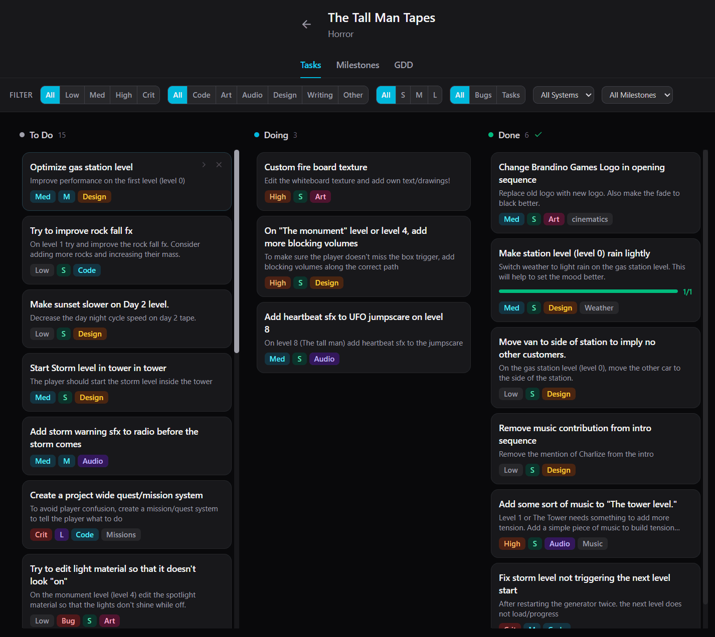 SoloMode kanban task board with discipline and priority tags